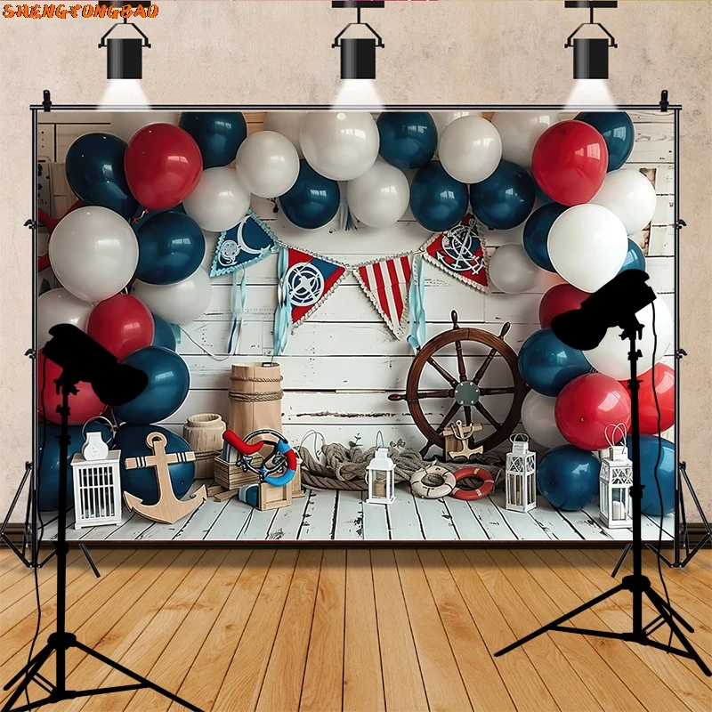 Blue Marine Lighthouse Sailboat Photography Backdrops Fishing Net Balloon Photo Studio Background Birthday Party Decor YW-02