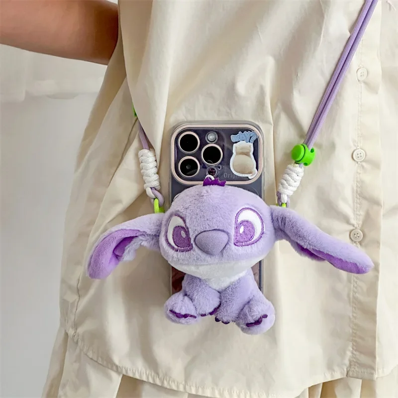 Disney Plush Mobile Phone Bracket Kawaii Stitch Retractable Bracket Back Clip Slung Chain Lanyard Convenient Anti-fall Universal