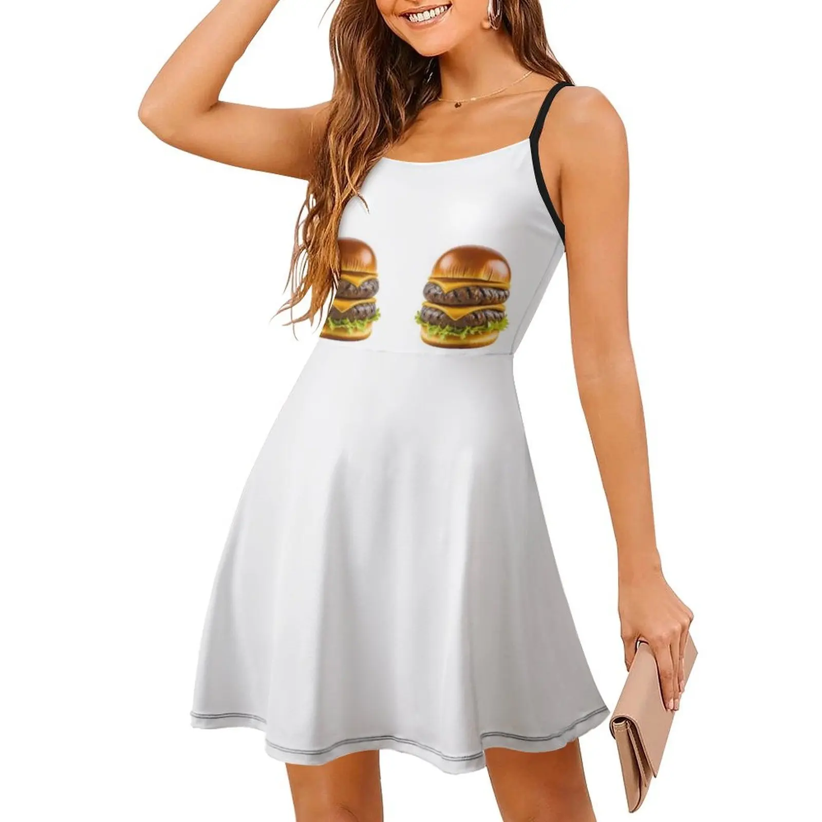 Double Layer Beef And Cheese Burger Bohemian Sleeveless Dress Multi-Print Beach Vacation Party Dress Beef Cheese Burger Food