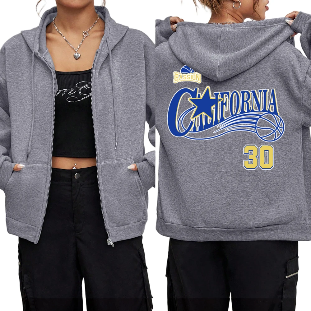 Passing California 30 プリント レディース ジッパー パーカー 冬 暖かい フード付き アウター サーマル 長袖 コート フリース ポケット トップス