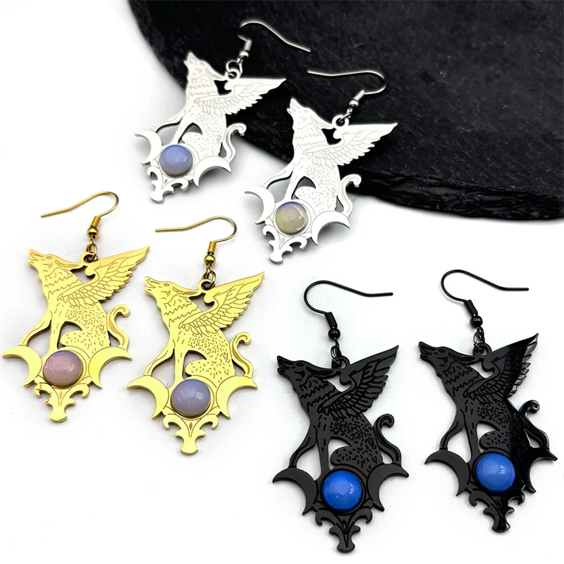 Gothic Witchcraft Wolf Triple Moon Satan Viking Wizard Hoop Earrings Stainless Steel Opal Goth Gold Color Earrings Bag Jewelry