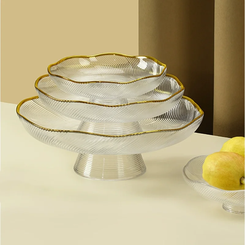 Simple Transparent Glass Bowl Creative Tracing Gold High-footed Fruit Plate Living Room Home Dessert Bowl Salad Bowl Plate