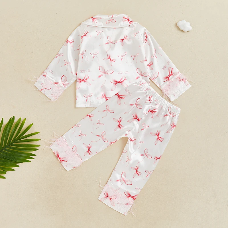 Suefunskry Little Girls Spring Autumn Pajama Set Long Sleeve Lapel Bow Print Shirt Elastic Waist Pants Sleepwear Casual Homewear