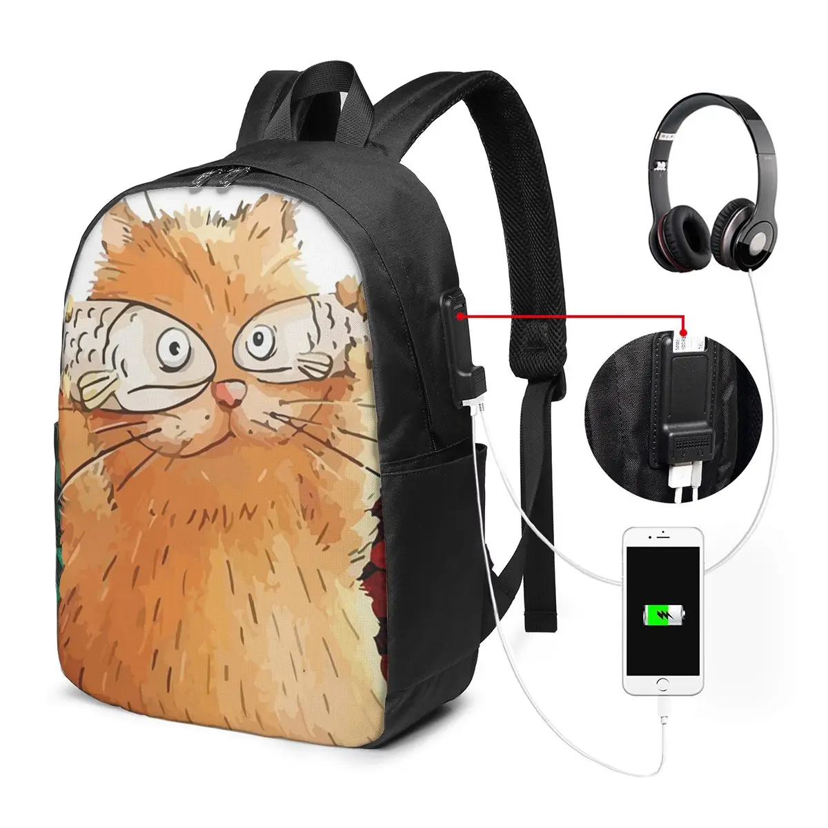 Funny Cats And Fishes Backpack Travel Notebook Bag Computer College Student School Bag Laptop Shoulder Bags for Men Women