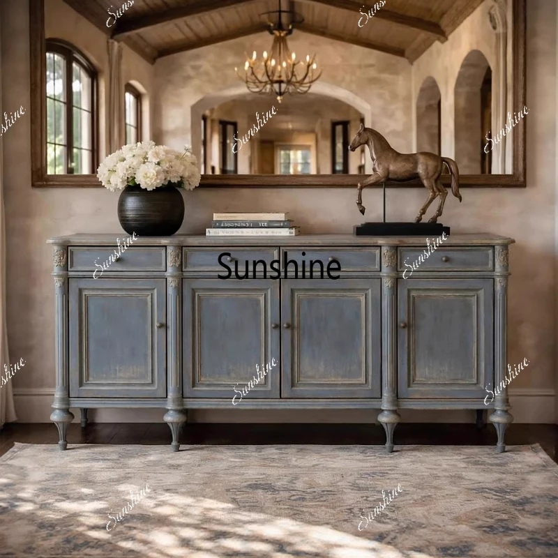

French retro solid wood old blue porch cabinet high-end living room entry