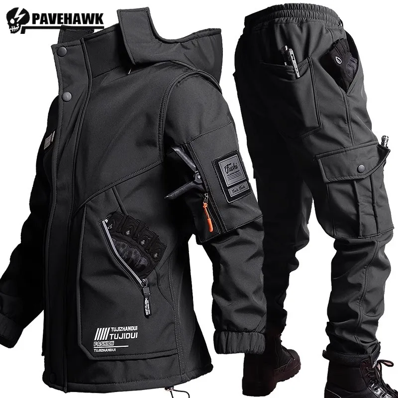 Winter Outdoor Mens Combat Sets Thicken Windproof Warm Tactical 2-pcs Fleece Multi Pocket Hooded Jacket+Cargo Pants Charge Suits