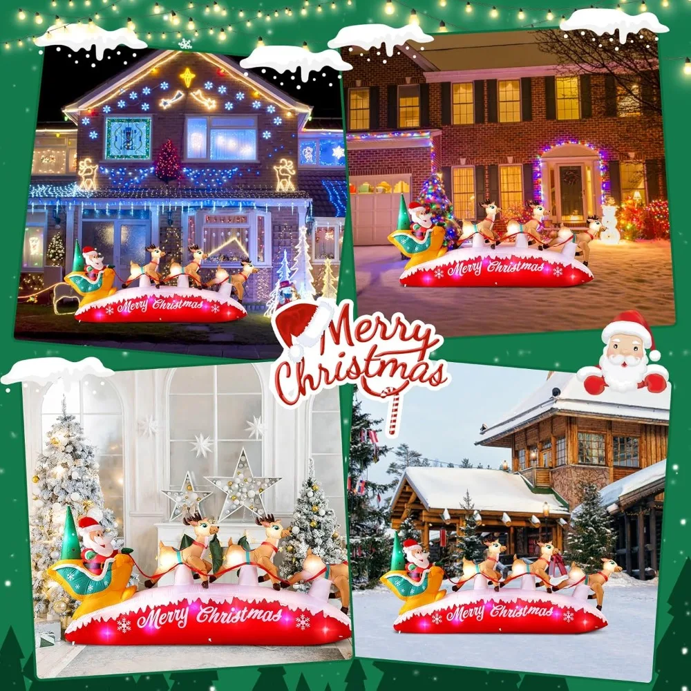 Decoração de Natal ao ar livre de rena de trenó de Papai Noel de 10 pés com luzes LED coloridas embutidas