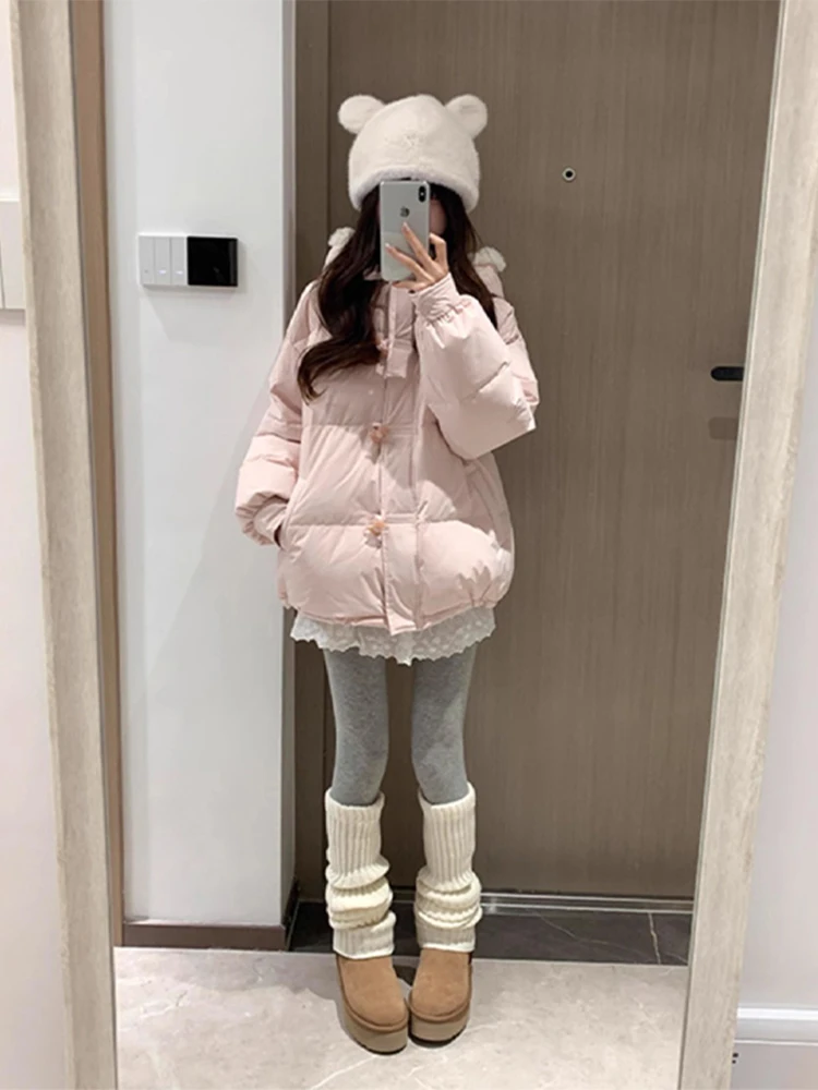 

Сладкий розовый джет на пуговицах, женский зимний дизайн, небольшой размер, морозостойкая теплая хлопковая одежда с капюшоном