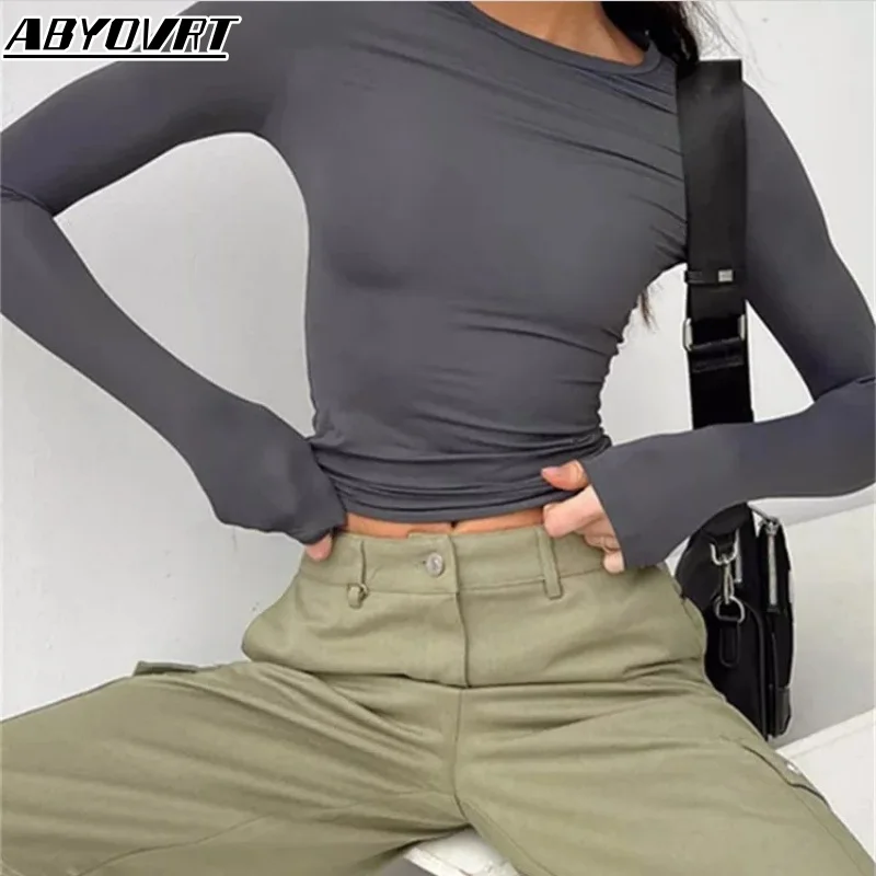 ABYOVRT Leisure Long Sleeved T-Shirt Spring/Autumn Season Solid Color Slim Fit Pullover T-Shirt Women's Street Wear Bottom Top