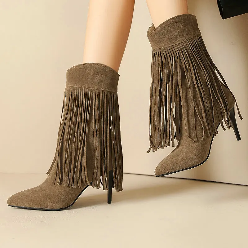 

Faux Suede Big Size 34-48 Western Sexy Women Super Thin High Heels Ladies Shoes Mid-calf Stiletto Boots With Tassels Fringes