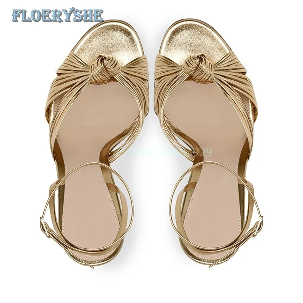 Bow Gold Rome Sandals Thin High Heel Ankle Strap Round Open Toe Solid 2024 New Luxury Party Shoes For Women Shallow Lage Size