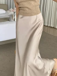 Falda de satén para mujer, faldas largas de cintura alta para oficina, color negro champán liso, cintura elástica, falda acampanada para mujer 2024