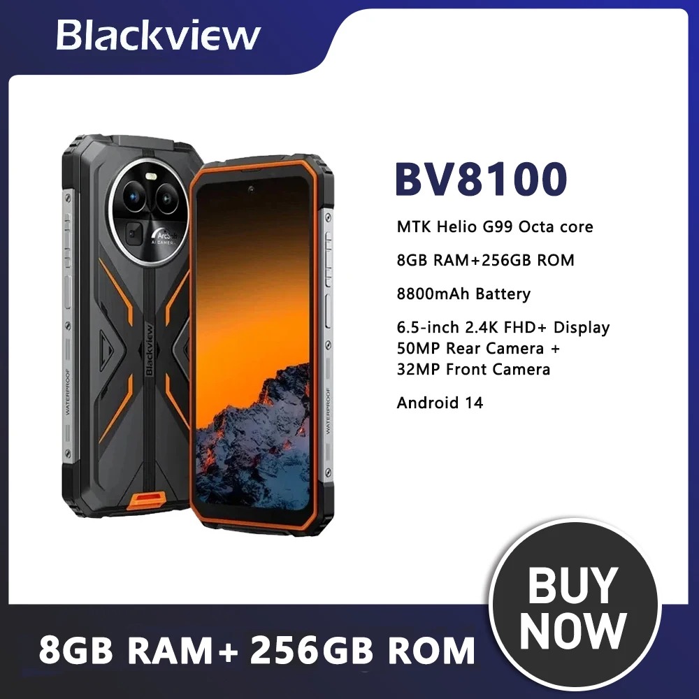 Blackview BV8100 Rugged Smartphone 6.5Inch 2.4K FHD+ 8GB+256GB Android 14 Mobile Phones 8800mAh 50MP 45W NFC Cell Phone On Sale