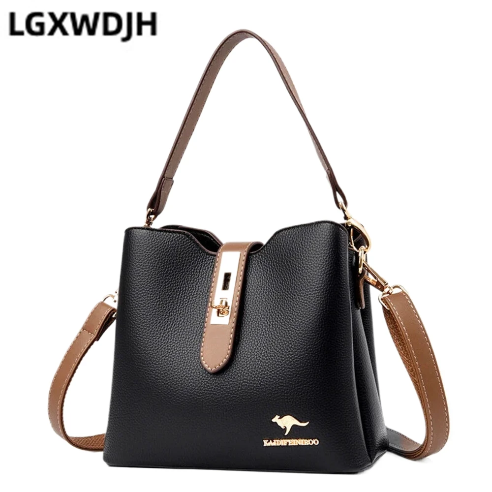 Contrast color lock bucket women\'s shoulder bag  Urban simple composite cowhide crossbody bags  Korean style kangaroo handbag