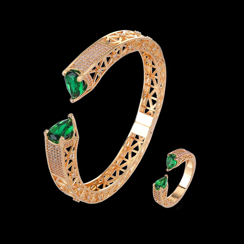 Lanruisha Simple copper micro inlaid zircon female bangles and ring jewelry set classic hollow out square popular jewelry