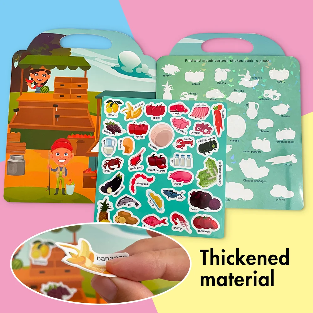 ملصقات جيلي على شكل سوق المزارع ألعاب للأطفال الصغار في مرحلة ما قبل المدرسة التعليمية الإنجليزية الإبداعية القابلة لإعادة الاستخدام ملصق يدوي الصنع كتاب مشغول