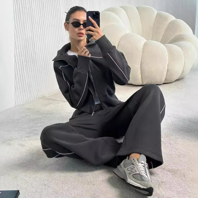 

Women Pant Sets Two Piece Tracksuit Zipper Coats Turn Down Collar Long Pants Suits Pockets Straight Casual Splice Sporty