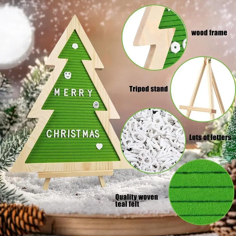 Christmas Tree Shaped Felt Letter Board, Changeable Letter Board with Characters and Wooden Stand, Tabletop Xmas Message Sign