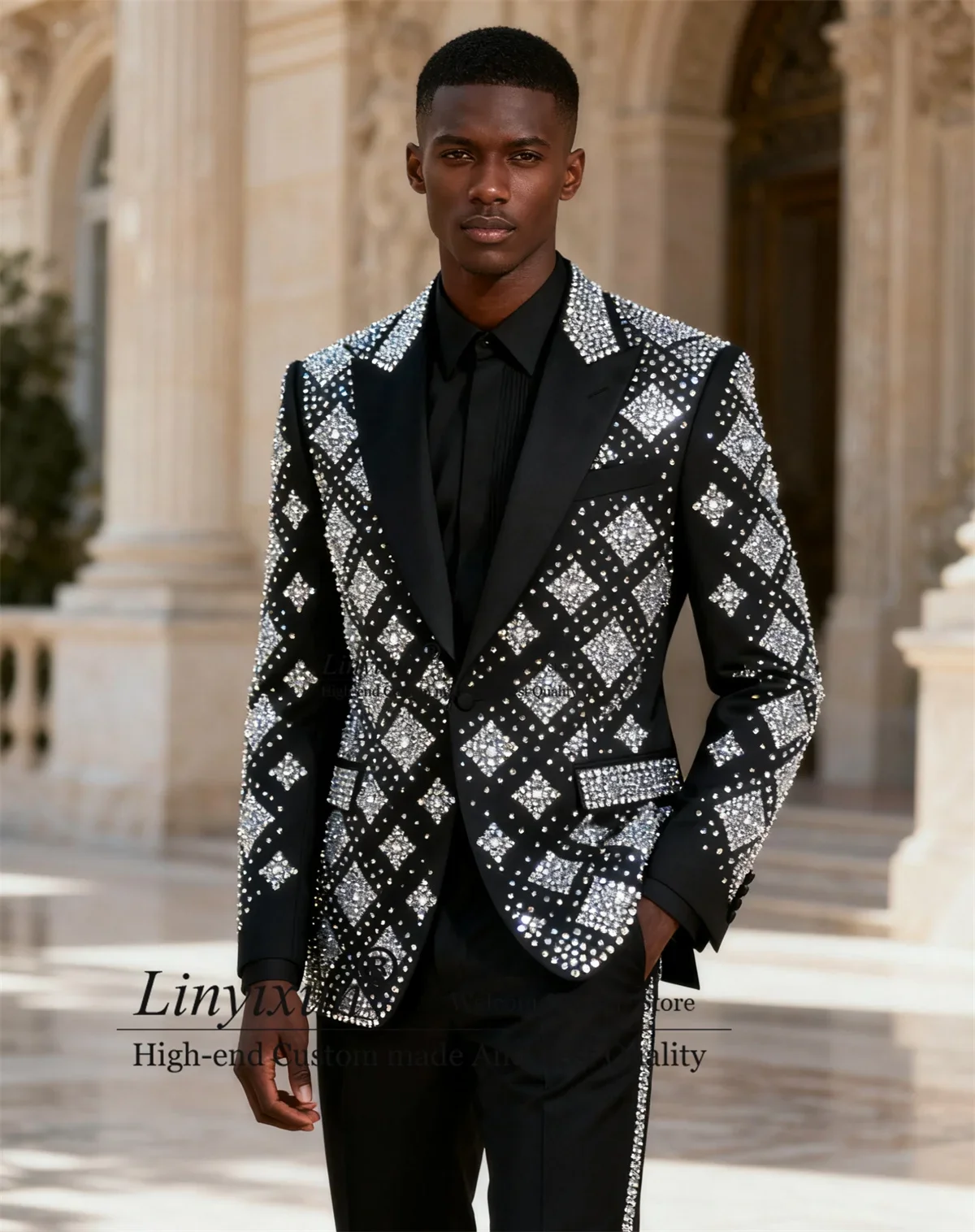 

Sparkly Crystal Rhinestones Men Suits 2 Pieces Sets Groom Male Blazers Customized Wedding Tuxedos Formal Slim Fit Ropa hombre