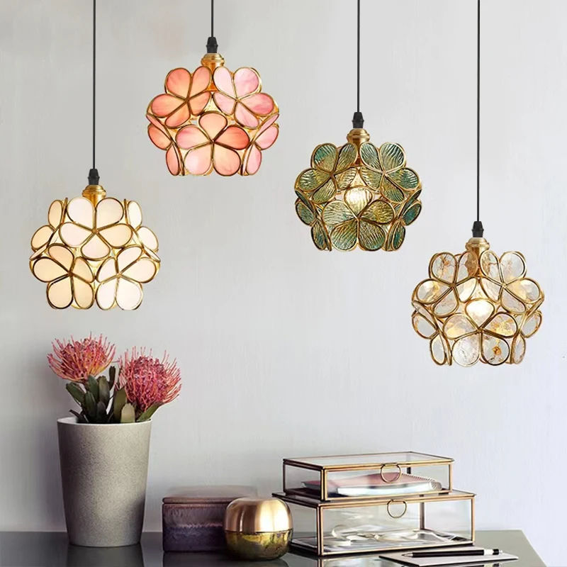 

Copper&Glass flower Lighting fixtures Nordic Entrance hallway bedroom bedside Decor hanging lamp Girl room petal pendant lamp