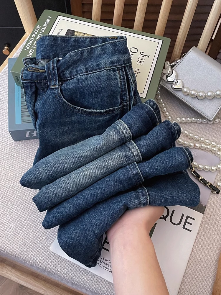 

Синие широкие джинсы в стиле ретро, женские свободные джинсы, весна 2024, новые драпированные брюки Lazy Sensation, длинные брюки с высокой талией