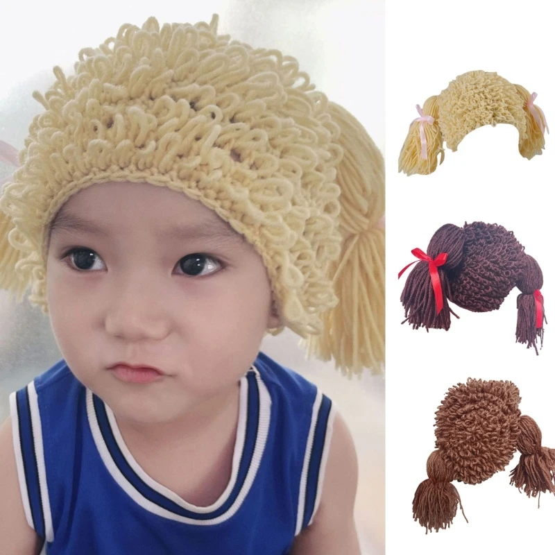 Kid Pigtail Crochet Braid Hat Handmade Woolen Yarn Knitted