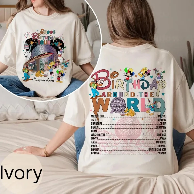 

Disney Mickey and Friends Epcot Birthday Trip Women's T-shirt Summer New Casual Fashion Men's and Women's Street Couple Clothing