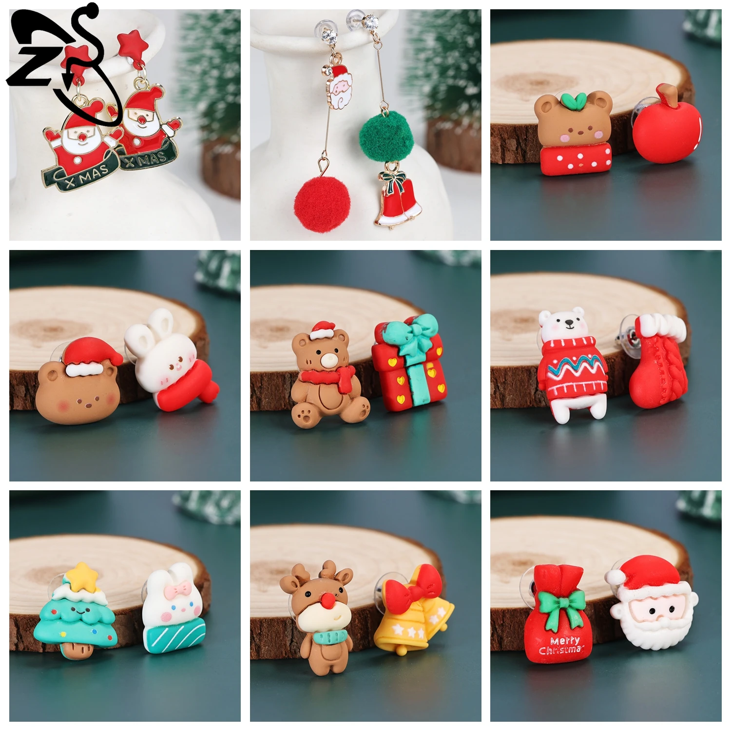 

ZS 1 Pair 925 Sterling Silver Ear Studs Women Girls Resin Stud Earrings Reindeer Santa Claus Lobe Piercings Christmas Gift 0.7MM