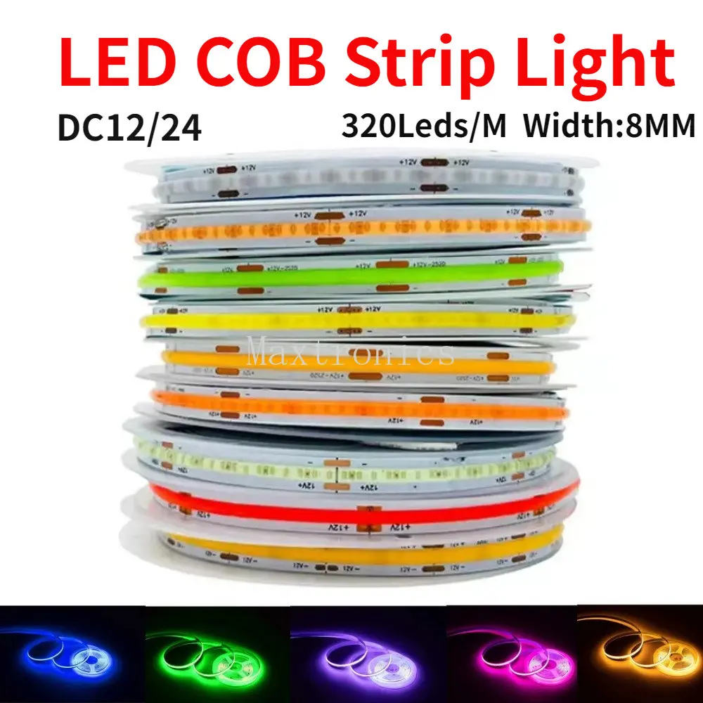 

320Leds/M DC12/24V COB LED Strip Light High Density Linear Lighting Flexible Tape White Red Blue Green for TV Background Decor