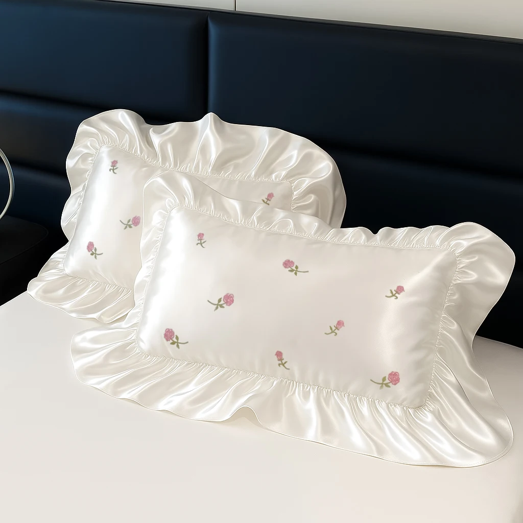 2Pcs Romantic French Princess Style Pillowcases Vintage Summer Simulated Silk Pillow Cover Cushion Ruffles Pillow Sham 48*74cm