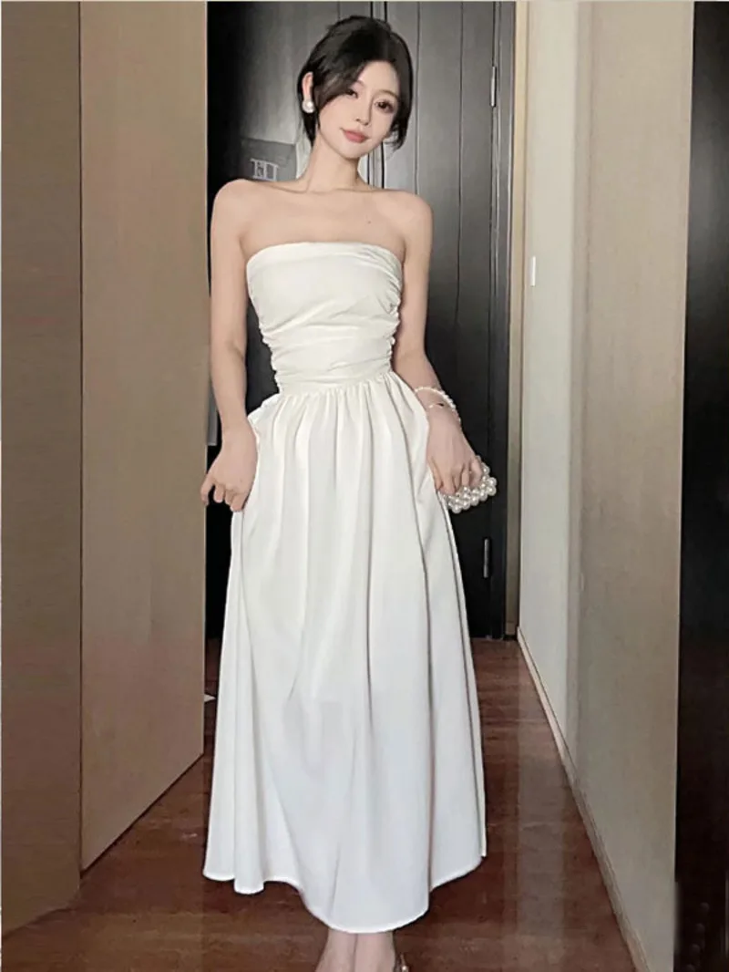

Women's French Spring High Grade Solid Color Pleated Waist Slimming and Slimming Appearance with Bottom Plaque Long Dress 4I4P