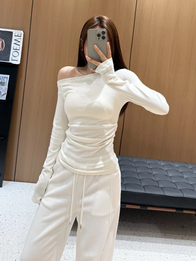 

Женская облегающая футболка с длинным рукавом и открытыми плечами из смесовой шерсти, повседневная, мягкая, удобная, для ежедневной носки