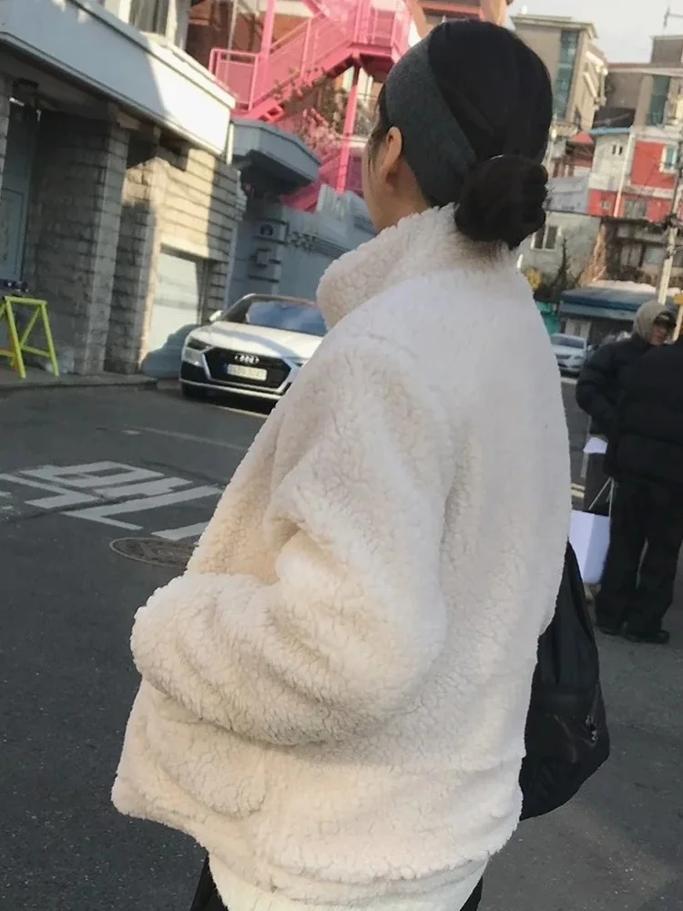 Korean Sle Warm Lamb Fur Jaet Women's Winter Faion Soft Fluffy Anti-Aging Coat Loose Fit Button Closure Ladies Outerwear