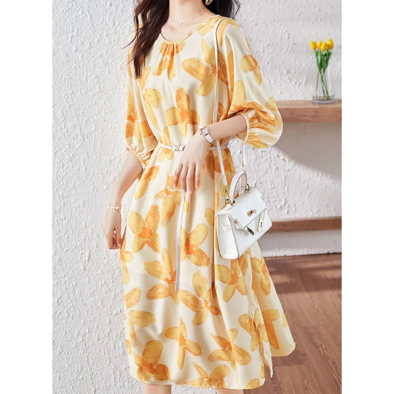 

Spring Summer New Round Neck Fashion Three Quarter Midi Dress Women High Street Loose Elegant Dresses Lacing Printing Vestidos