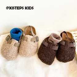 Children's Fleece Slippers Autumn Winter Cork Clogs Beige Coffee 1-7Y Toddler Girls Boys Footwear Non-slip Stylish Flats 2023