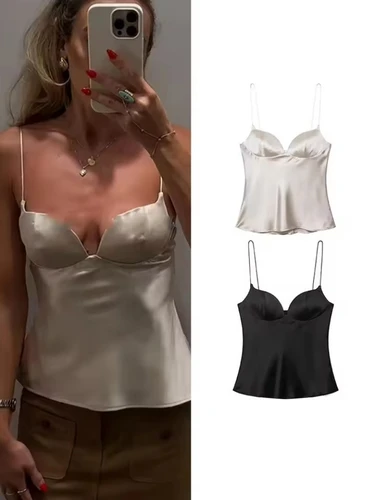 Imagen 1 del producto Otoño satén texturizado negro Sling Tops mujeres elegante cuello pico espalda descubierta Tops camisa mujeres Sexy Tops Club fiesta tanques 2025 nuevo