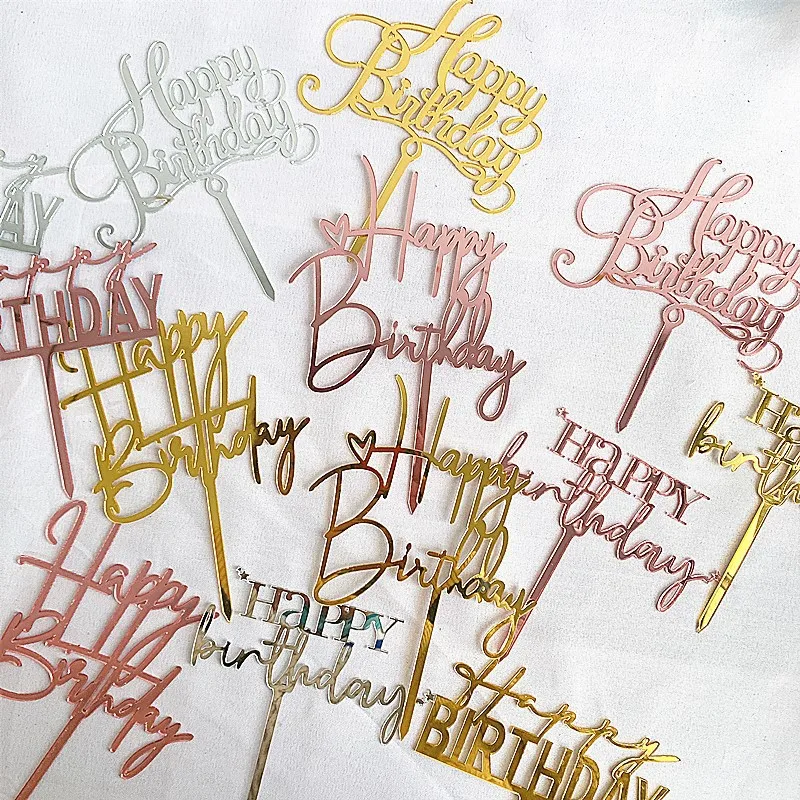 Concise White Birthday Cake Topper Golden Acrylic Happy Birthday Cupcake Toppers Family Birthday Party Cake Flag Dessert Decor