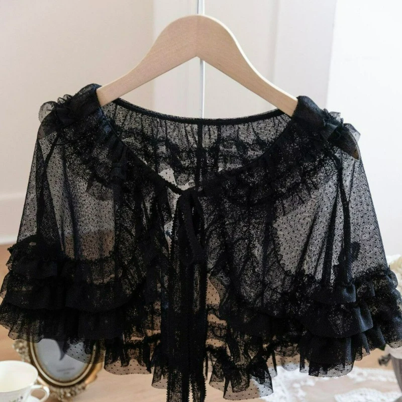 Summer Sweet Lolita Short Shawl Coats Women Kawaii Ruffles Lace Mesh Bow Open Front Poncho Vintage Elegant Princess Capes Wrapa view 4