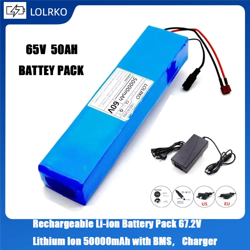 

60V 16S2P 50Ah 18650.00 Rechargeable Li-ion Battery Pack 67.2V Lithium Ion 50000mAh with BMS，Charger 48v battery pac