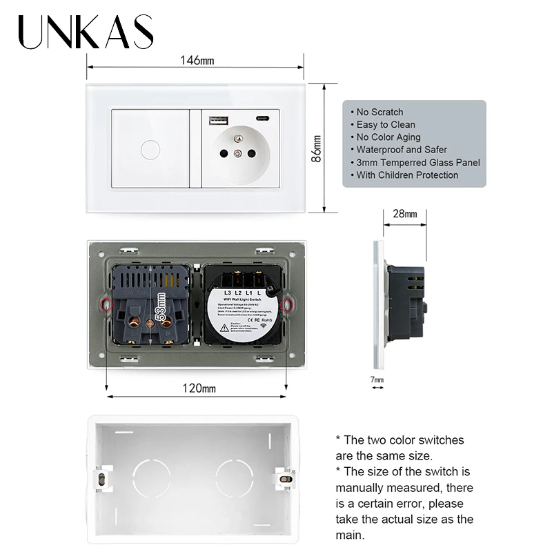 Imagem -06 - Unkas Painel de Vidro Toque de Ligar Desligar de Vidro Wifi Única Linha ao Vivo Interruptor de Luz Tomada da ue Tipo-c Porto Branco Preto Tomada