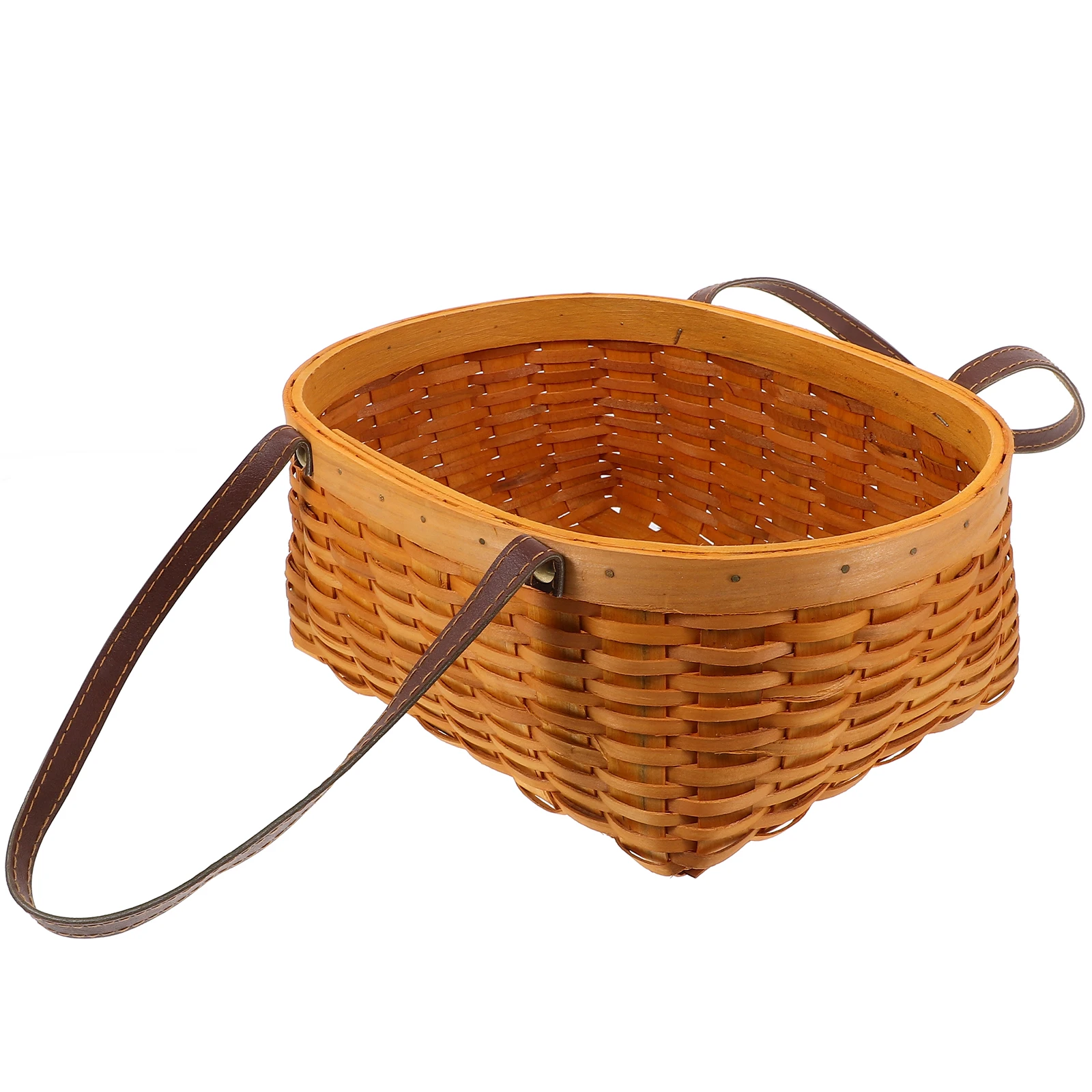 

H woven Wood Slice Basket PU Storage Kitchen Picnic Fruits Picking Multi Function Woven H Shopping Home Decor