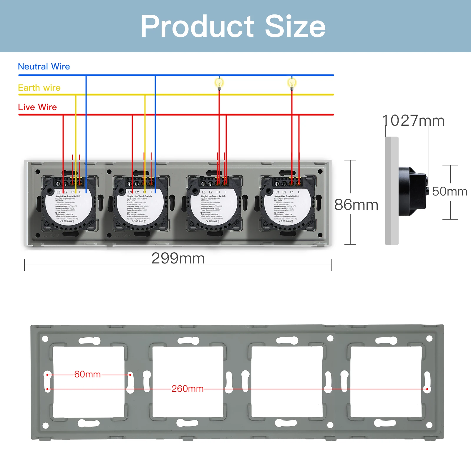 BSEED 1/2Gang Wall Touch Switches 1Way Sensor Light Switch Glass Panel Blue Backlight  EU Standard 299mm