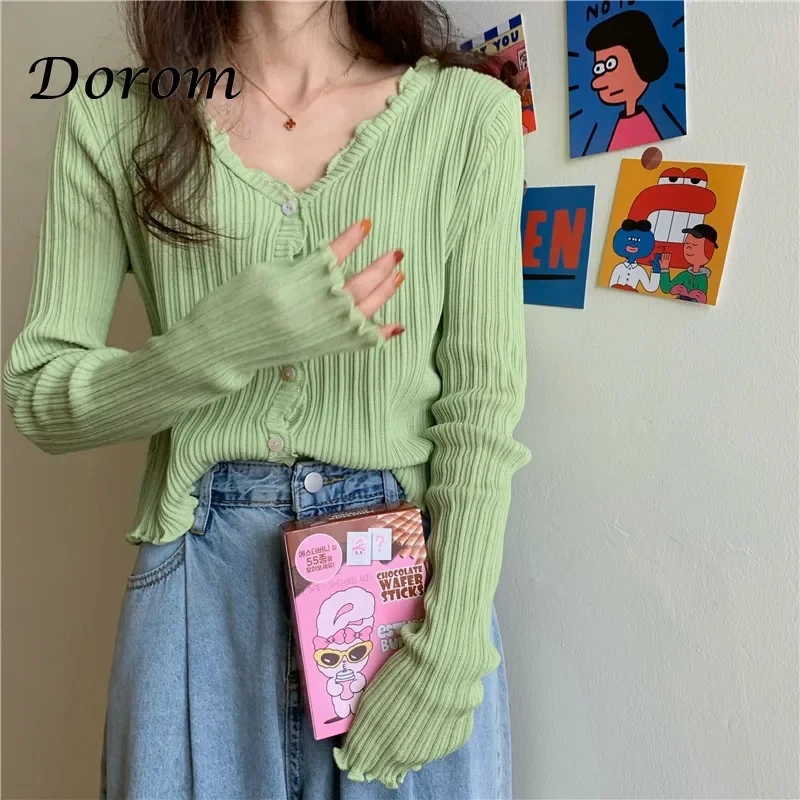 Korean Short Sweater Women V-Neck Thin Cardigan Fashion Long Sleeve Button Slim Knitted Sweater Sun Protection Cropped Top Mujer