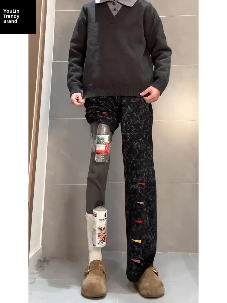 

Мужские зимние брюки American Sle с вышивкой тай-дай, на флисовой подкладке, прямого кроя, с низкой талией, эластичные, повседневные, в стиле комбинезона