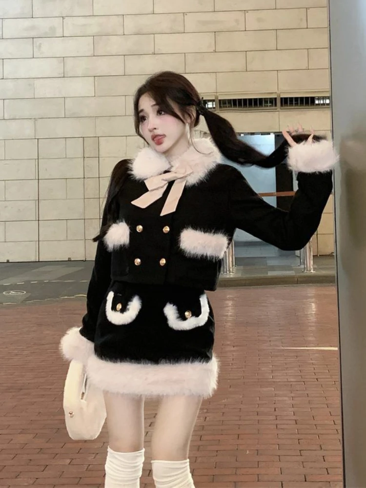 2023 Winter Kawaii Faux Fur Clothing Suit Woman Warm Elegant Coat + Slim Y2k Mini Skirt Outwear Korean Fashion Sets Office Lady