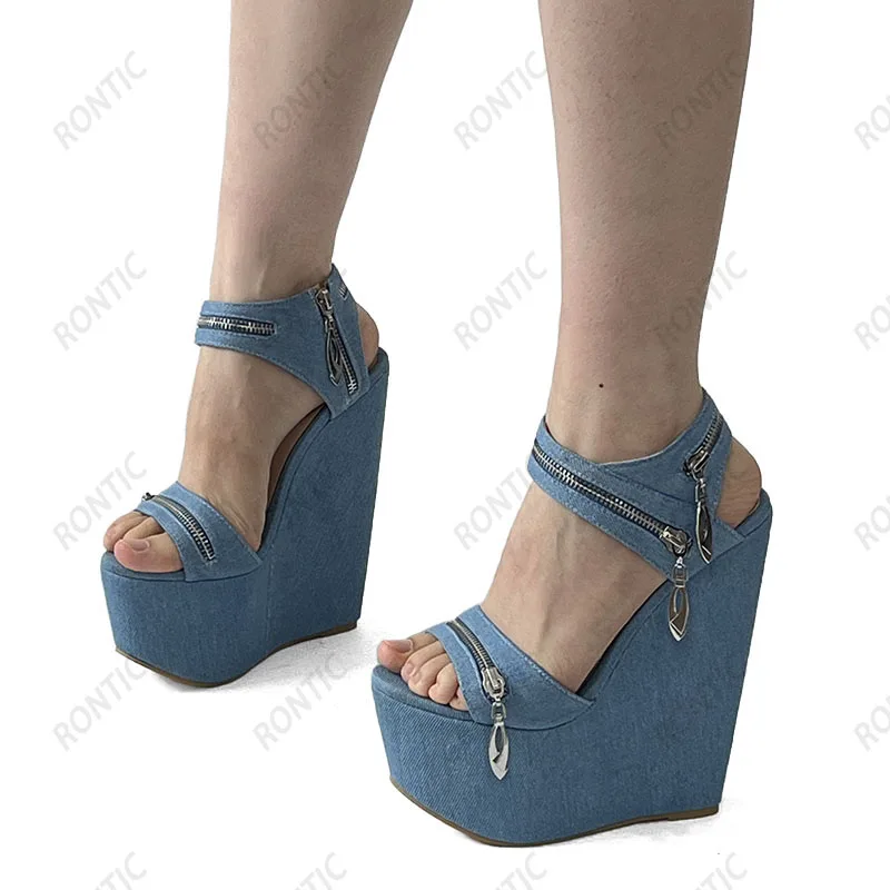 Rontic Real Pictures Women Summer Platform Sandals Wedges High Heels Round Toe Pretty Blue Casual Shoes US Size 5-15