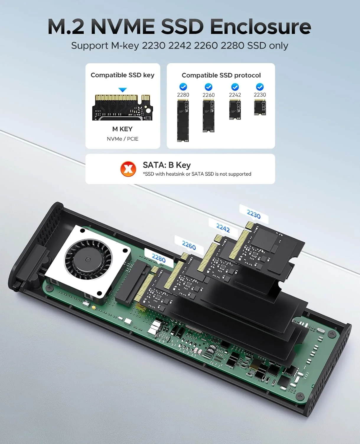 ORICO 40Gbps M.2 NVMe Enclosure with Cooling Fan Anti-Drop 8TB Capacity M.2 SSD Case for Thunderbolt 3/4 Support PCIe Gen4×4 SSD