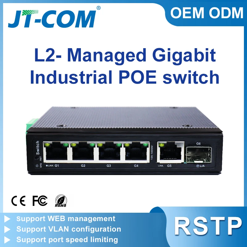 สวิตช์ PoE อุตสาหกรรม6พอร์ตกิกะบิตแบบ JT-COM บิตกิกะบิตแบบ POE สวิตช์ L2อุตสาหกรรมรองรับพอร์ตมิเรอร์