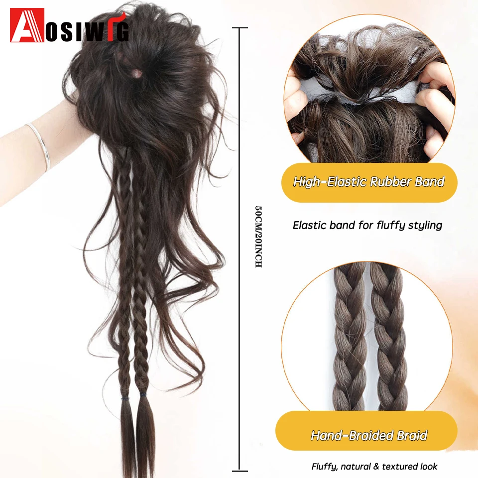 **Braided Side Updo Ponytail Hair Ring Women New Chinese Ancient Style Synthetic Hair Wig With Extended Whisker For Cheongsam Ha