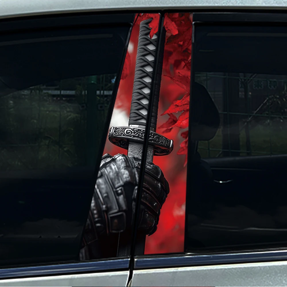 

2PCS Techwear Mechanical Hand Holding Katana Car Pillar Sticker Red Maple Background Durable Vinyl Decal for B-Pillar Trim